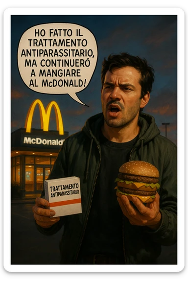 A realistic, cinematic illustration of a man in his early 30s with a confused yet stubborn expression, standing outside a McDonald's at dusk, holding a small box labeled 'Trattamento Antiparassitario' in one hand while holding a large McDonald's burger in the other. He is mid-sentence, saying 'Ho fatto il trattamento antiparassitario, ma continuerò a mangiare al McDonald!' in an expressive speech bubble. The man wears casual streetwear, and behind him, the McDonald's golden arches glow under a neon-lit sky. The mood is ironic and educational, highlighting the contradiction of doing parasite cleanses while continuing unhealthy fast-food habits. The style is realistic with slight illustrative clarity, emphasizing the message humorously while maintaining a serious undertone about lifestyle choices and health in italiano sticker