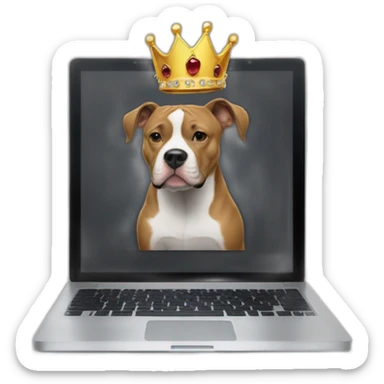 black man wearing crown behind laptop with pitbull puppy  sticker