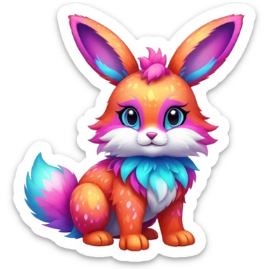 Vibrant multicolored neon-colored Falvie-Fionbri-creature-sparkle-bunny-hybrid-fursona, full body, fur pattern-markings sticker