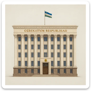 «Реалистичная живописная стильная прорисовка. Здание правительства узбекистана строго в анфас, прямо спереди, без наклона и без перспективы. Покажи ВСЁ здание целиком — сверху донизу и слева направо — с большим свободным полем вокруг, чтобы НИЧЕГО не обрезалось. На крыше должен быть флаг Узбекистана. Никаких деревьев, людей, фонтанов, автомобилей, тени от объектов и окружающей среды. Только полностью целое здание на однотонном чистом фоне (белом или светло-сером). Обязательно: “НЕ кадрировать, НЕ обрезать, оставить запас места вокруг здания». sticker