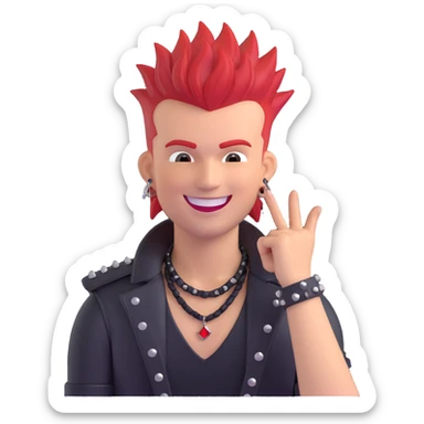 rebellious white guy rock singer with red mohawk hair, studded leather necklace, big smile sticker