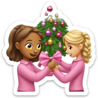 Two girls putting up bow ornaments on a pink Christmas tree sticker