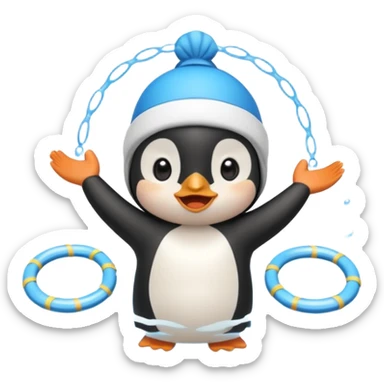 A cheerful penguin swimmer in swim cap, doing a playful backstroke with water rings popping around full body chibi cute
 sticker