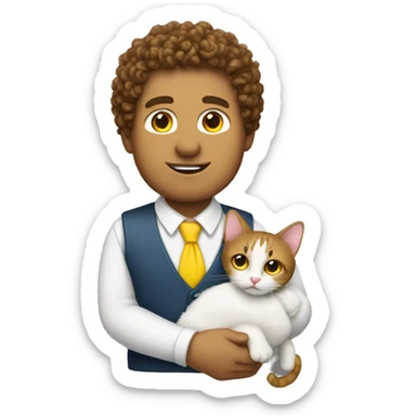 Brown Curly headed white man holding a cat wearing a yellow tie sticker