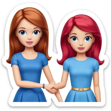 A barbie girl with makeup with brown hair with a baby, a daughter, a girl with red hair, holding her hand in blue clothes sticker
