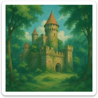 ancient stone castle surrounded by forest, magical mood, ghibli style sticker