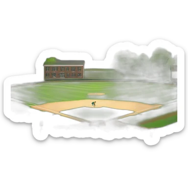 a small school with green mountain in north and creek in south and small children playing baseball on the field sticker