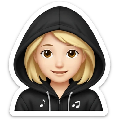 a smiling face peeking out from a hoodie with musical notes around sticker