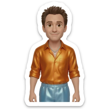 Jim Carrey with brown eyes, dark brown hair, orange metallic shirt, light orange blue metallic baggy pants, silver necklace sticker