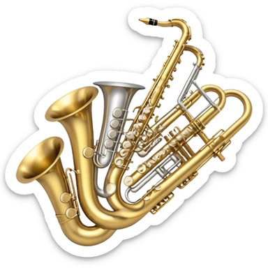 Create a professional, harmonious emoji collage symbolizing wind instruments.  The instruments should be in metallic gold, silver, and brass tones, with subtle reflections to convey a professional and polished appearance. Add soft musical notes or soundwaves to surround the instruments, creating a sense of movement and sound. The background should be transparent, ensuring all instruments are the focus and the composition remains harmonious and balanced. sticker
