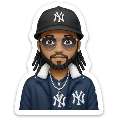African American man with shoulder length black dreadlocks with black beard wearing black sunglasses wearing a New York Yankees logo baseball cap wearing a black bubble winter coat with a diamond grill in mouth with diamond cross necklace on his neck sticker