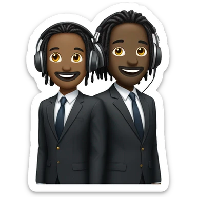 Two well-dressed individuals in suits. One individual wearing shoulder length dread locks. Both wearing headphones for a podcast. Happy faces.  
 sticker