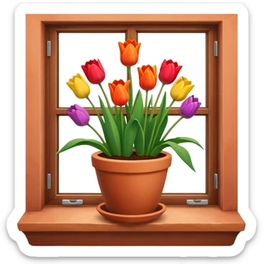 Clay pot with tulips on windowsill sticker