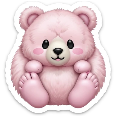 a fluffy toy teddy with a light pink colored shell and ears and a white face and bear feet, with a cute black closed eyes and mouth sticker