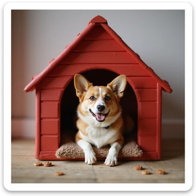 realistic red dog house with a Corgi dog inside, Corgi with a treat, photorealistic style sticker