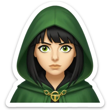 claudia winkleman with a heavy fringe as a traitor with a green hooded cloak with a gold clasp and dark black eyeliner sticker