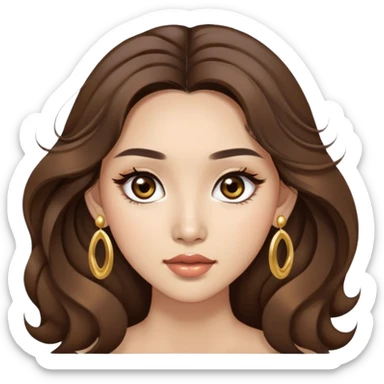 Asian women with light skin and brown wavy long hair, big round brown eyes with long lashes and a bit of makeup  wears a gold earrings sticker