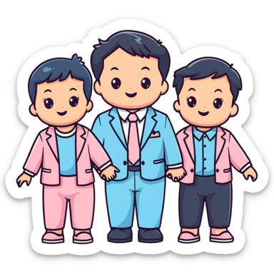 triplet toddlers with two girls in pastel pink clothes on each side and a boy in pastel blue suit in the middle sticker