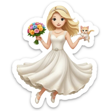 White woman - long hair - white wedding dress - holding a kitten - happy - jumping - fashionable - elegant - bouquet - dreamy - colorful - pearl accessories sticker