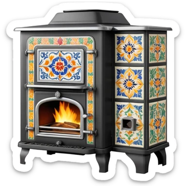 Ornamental European coal stove from the 1900s with ceramic tile decorations, tall design with metal door and coal burning inside sticker