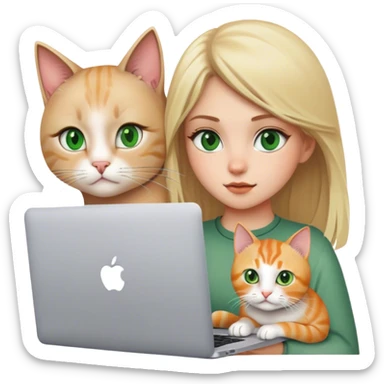 Blonde girl green eyes with apple MacBook and a cat sticker
