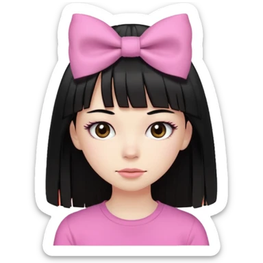 девушка с бледной кожей у неё длиные прямые черные волосы и челка прямая длинная ниже бровей глаза коричневого цвета худая у неё длиные ресницы одета в розовую футболку и на влосах слева бантих sticker