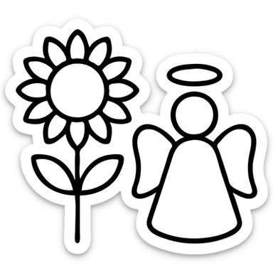 icon of a sunflower and an angel, geometric shapes, outlined style sticker