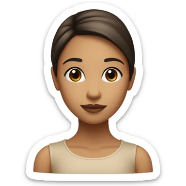 A girl with a round face, but beautiful. Straight hair slightly below the shoulders, parted to the right, brown in color. Big brown eyes, a small bump on her nose, large lips, and beautiful cheekbones, with black, not thin, eyebrows. sticker