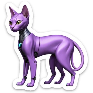 Black and purple futuristic shiny alloy modern realistic cool tough elegant sleek cyber-mecha-robo-sphynx-oriental--cat (full body) sticker