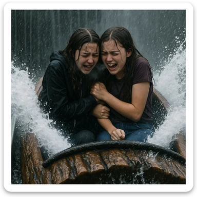 two teen girls on a log flume, huddled together, rain pouring down, visible breath from cold, wet hair, dramatic splash sticker