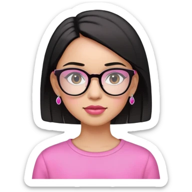 A beautiful girl wearing pink clothes, black straight short hair, earrings and glasses sticker