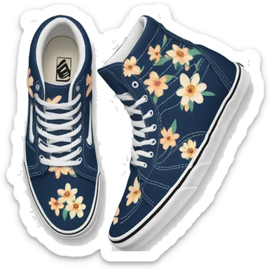 pair of navy blue Vans shoes, high top, with flower pattern sticker