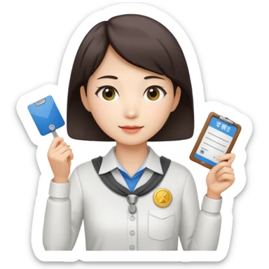 A Korean short-haired female tour guide is wearing a white shirt and holding her guide license in one hand, which is a horizontal card. sticker