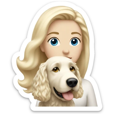 White lady with blonde hair and blue eyes and her white golden doodle dog sticker
