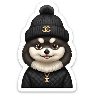 Black and white pomeranian wearing coco chanel Sweater and hat sticker
