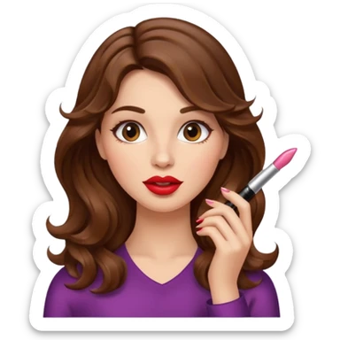 Woman with brown wavy hair and putting on lipgloss  sticker