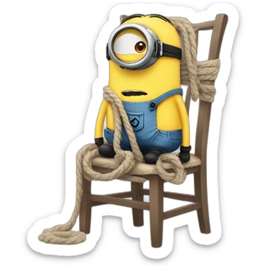 sad minion with a rope scarf standing next to a chair sticker
