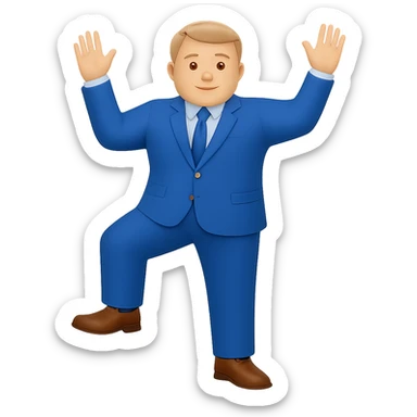 Make the white man in a blue suit and shoes with one hand raised bigger framed with broader shoulders and a more robust build, keep no background. sticker