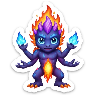a mystical fast lava creature without arms with molten lava on its head and some rocky shoulders, fire crystals, blue flames, fire legs, no background, purple flames, mystical eyes sticker
