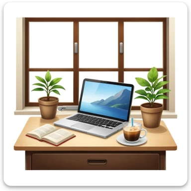 A desk by the window with summer sunshine in the background. On the desk, there is a laptop, a cup of iced coffee, and a small plant. An opened book is also present. sticker