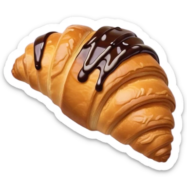 There's a croissant with chocolate syrup on a pale purple napkin sticker