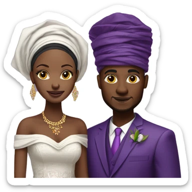 African bride and groom. Purple gele head wrap with purple off shoulder dress. Purple kente sticker