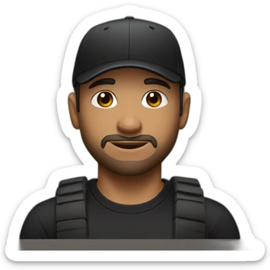 a guy with blue eyes, dark hair and bangs in backward black cap and in a black t-shirt sticker