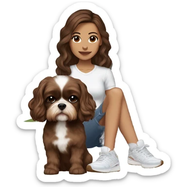 young woman with light bron skin, big brown eyes, tiny nose, long chocolate wavy hair. With a pair of sneakers on the background, add a house to the background, a shihtzu and a cihuahuadog sticker