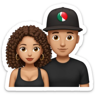 A picture of a loving tanned couple. the guy is Mexican, with a bald hair cut and he has a SnapBack hat on. The girl is mixed, the girl is wearing a black shirt, the girl has brown curly big hair and the girl has big boobs  sticker