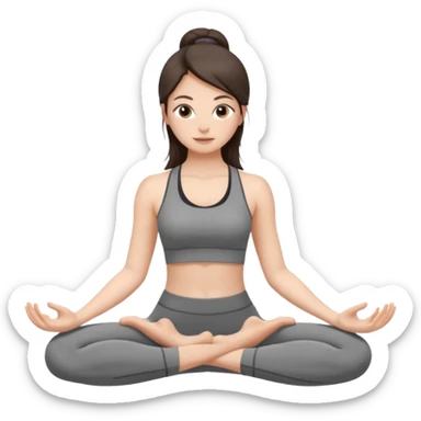 a brunette girl doing yoga, she is wearing a grey fit and she has dark straight and loose hair.  sticker