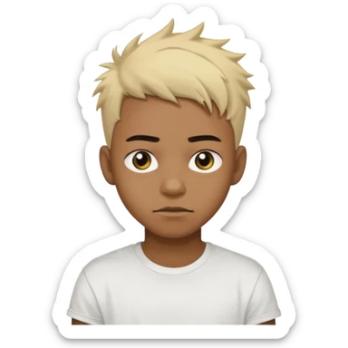 Black Male Teenager with Short punk messy blonde hair, Dark brown bushy eyebrows large expressive golden-brown eyes, wearing a plain white t-shirt, Dark Brown skin color. sticker