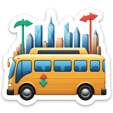 bus from a slight angle with three directional colorful arrows pointing to city icons, no skyline sticker