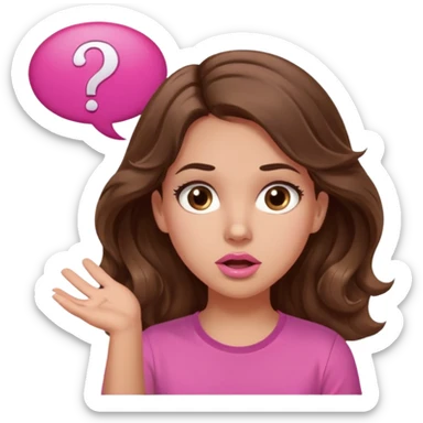girl with long wavy brown hair, brown eyes, light to medium complexion, in a pink shirt, pink lips, long lashes, shugging, question mark one speech bubble sticker