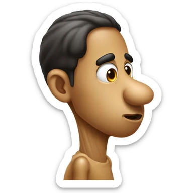 peanut head looking to the side with a a sharp long nose and a rat tail hair that is shor and don't move and has 1 big Hyperpigmentation dot on the side and eyes is do sticker